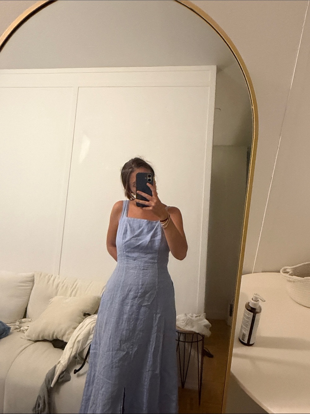 Sleeveless Light Blue Linen Maxi Dress with Square Neckline
